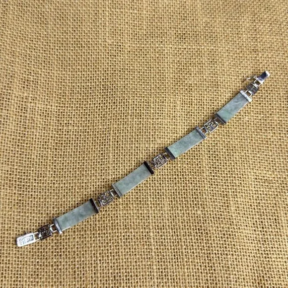 Jade Of Yesteryear Station Bracelet Green Jade Panels Sterling Silver 7.25" Cast - Picture 5 of 14